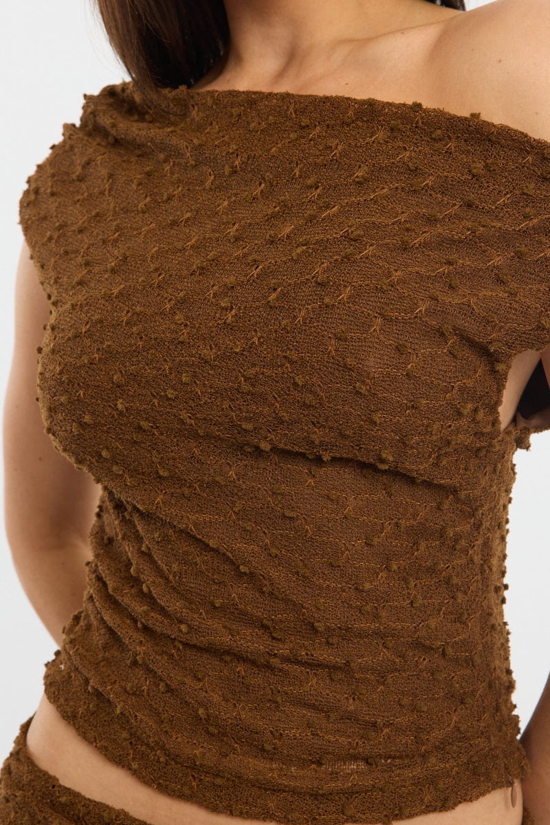 Brown Asymmetric Top Sleeveless One Shoulder Textured - Image 5