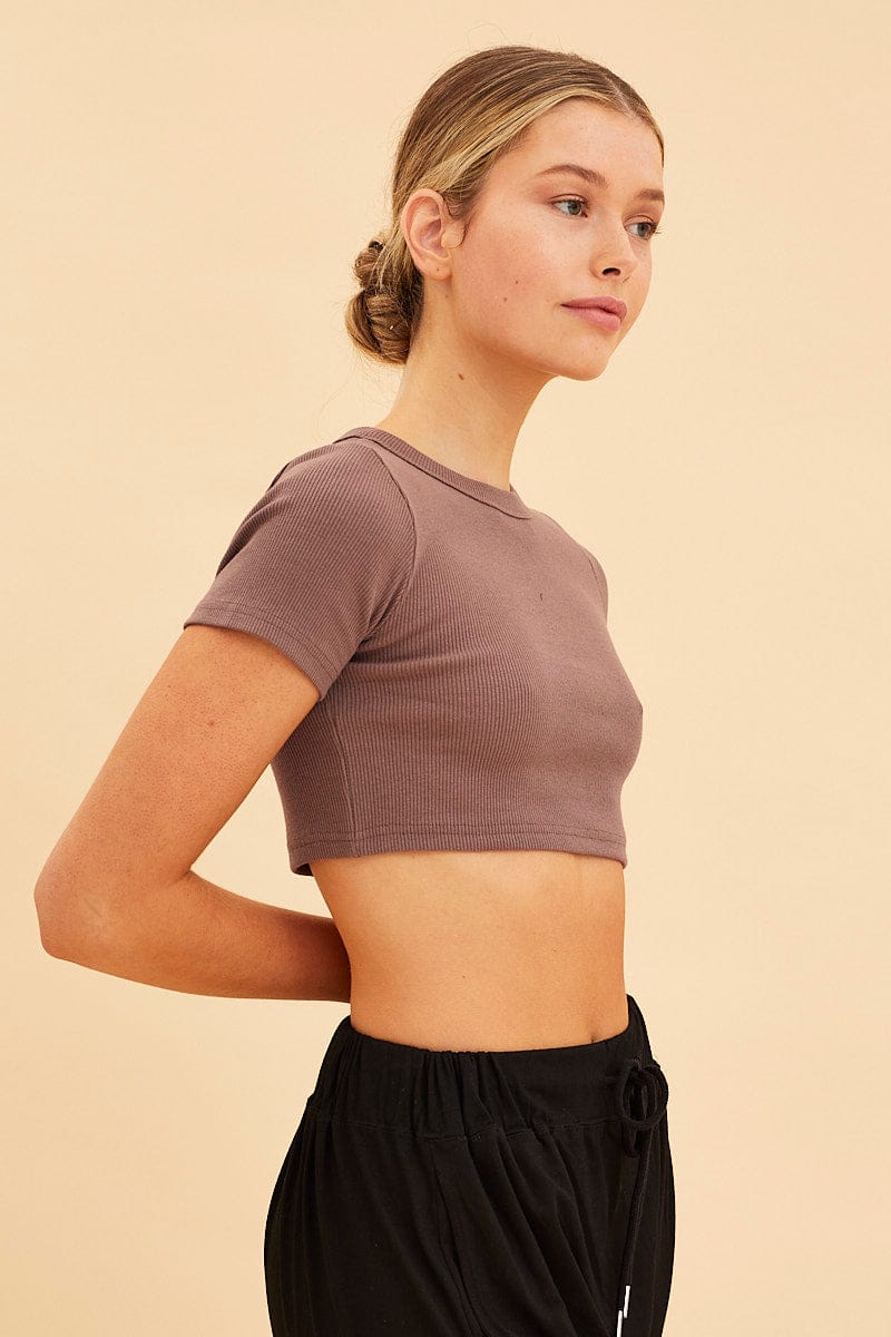 Brown Baby Tee Crop Crew Neck Short Sleeve Rib - Image 4