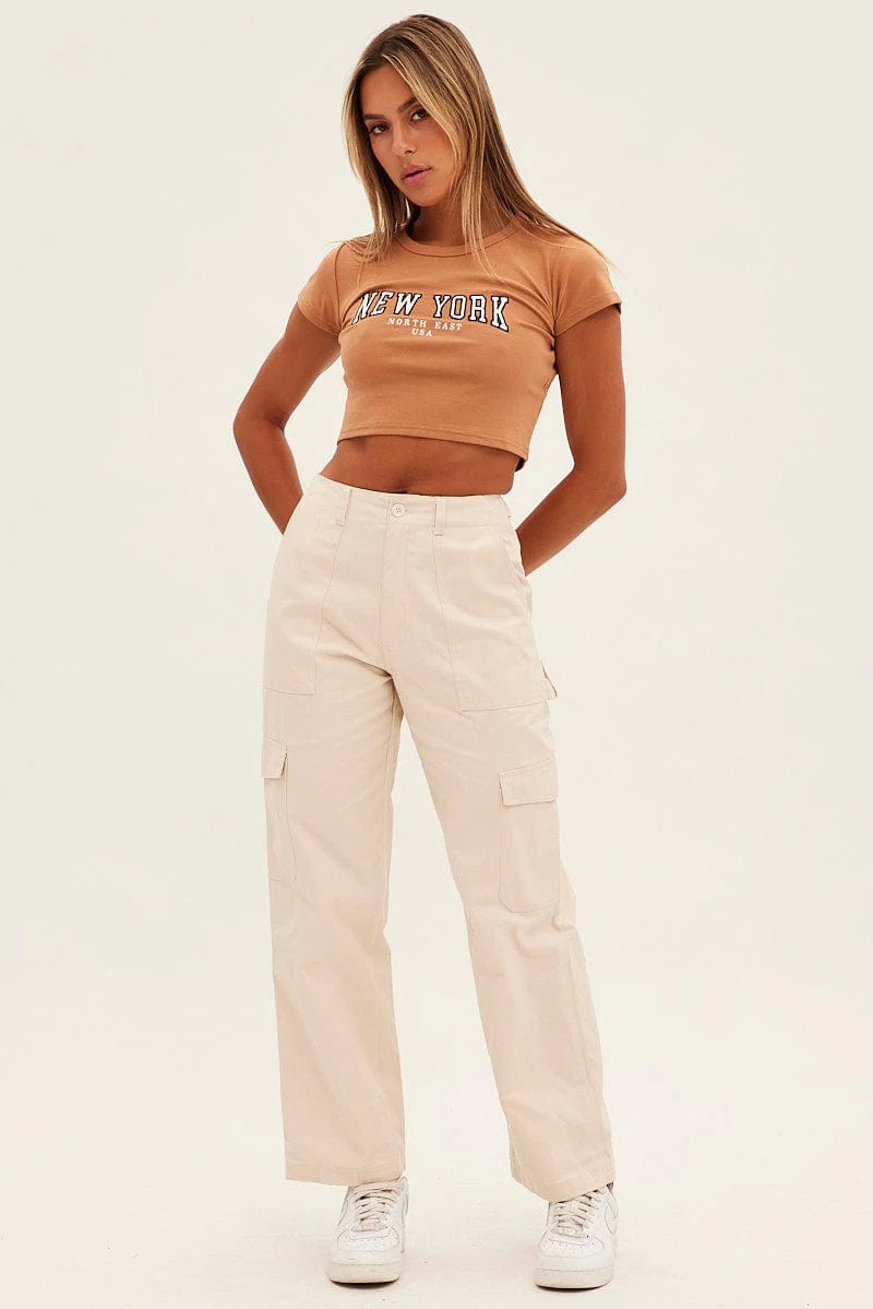 Brown Baby Tee Short Sleeve Crop Round Neck - Image 2
