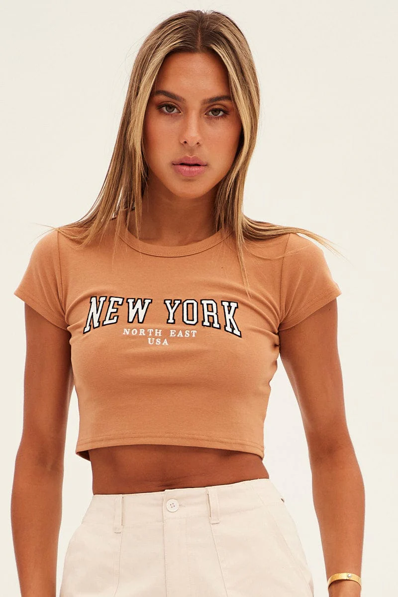 Brown Baby Tee Short Sleeve Crop Round Neck - Image 3