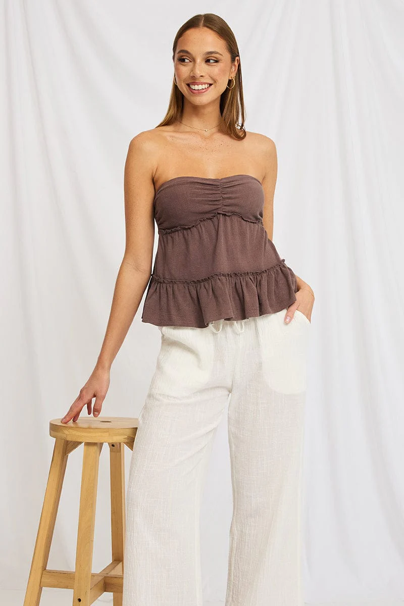 Brown Bandeau Top Sleeveless Strapless Babydoll