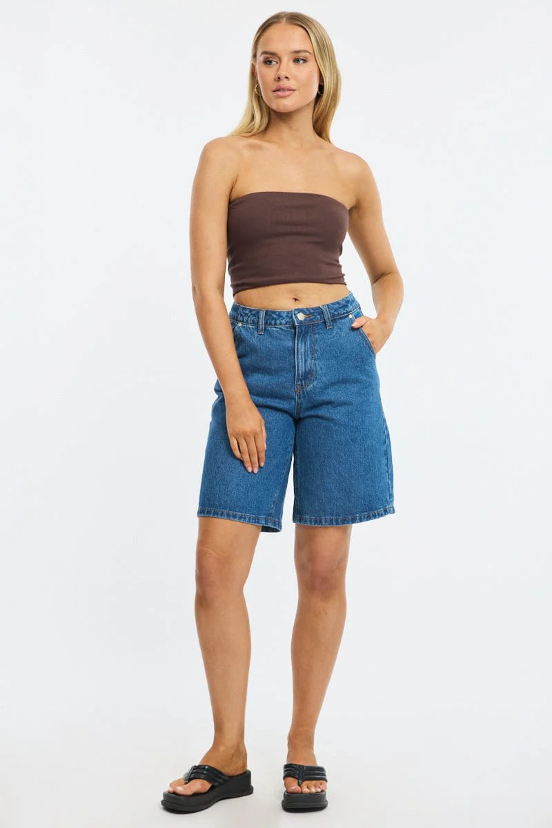 Brown Bandeau Top Sleeveless Strapless Rib - Image 2