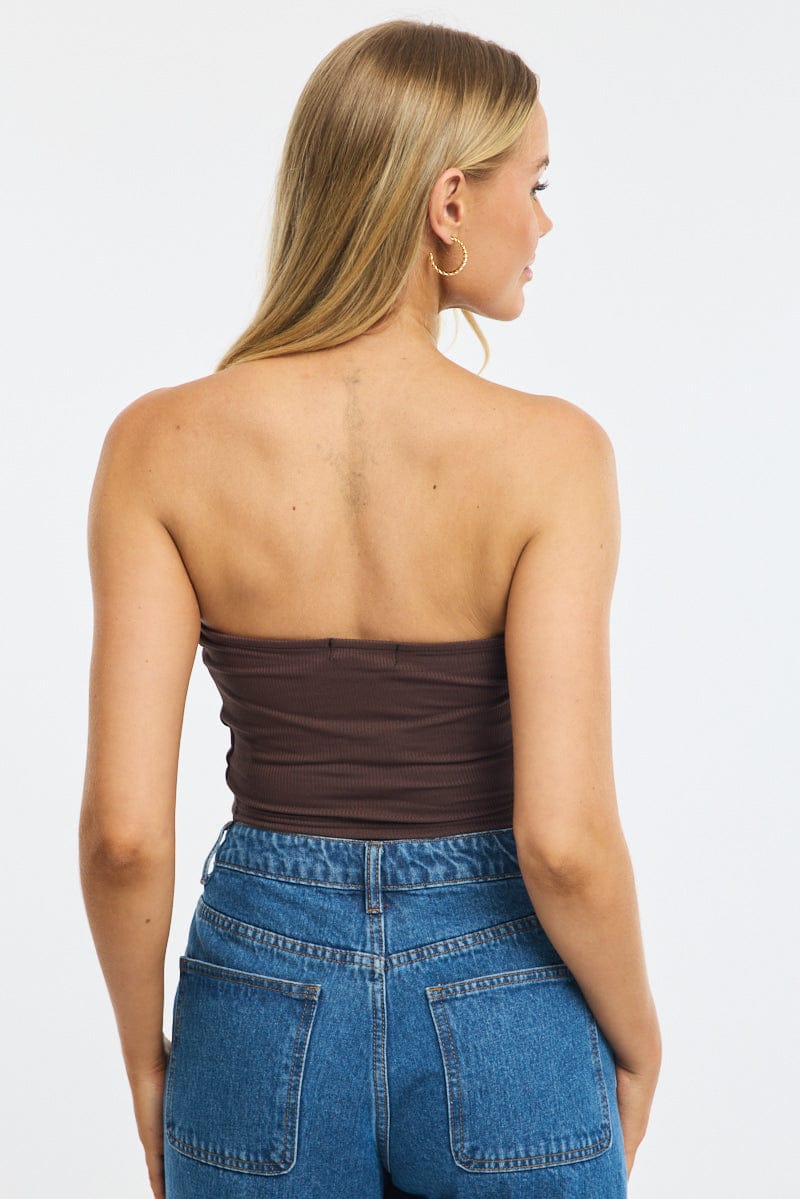 Brown Bandeau Top Sleeveless Strapless Rib - Image 4