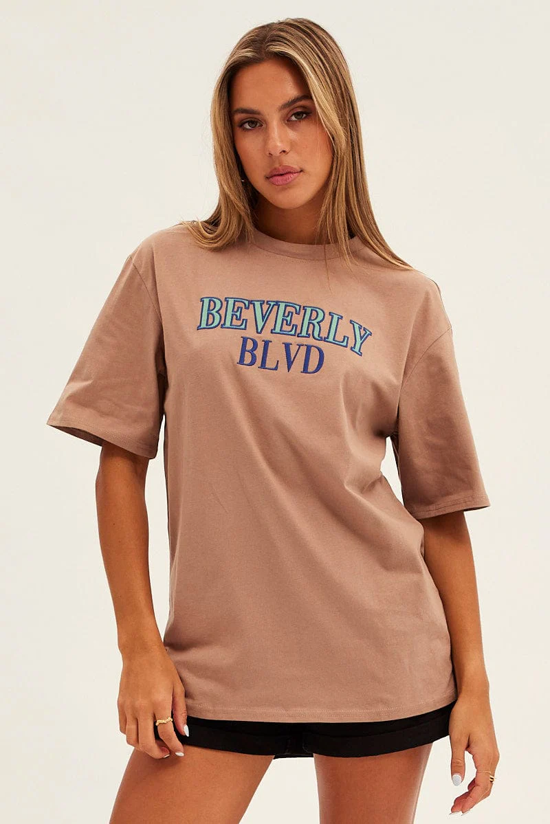 Brown Beverly Embroidered Short Sleeve T-Shirt Oversized - Image 3