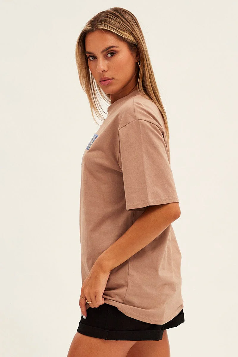 Brown Beverly Embroidered Short Sleeve T-Shirt Oversized - Image 4