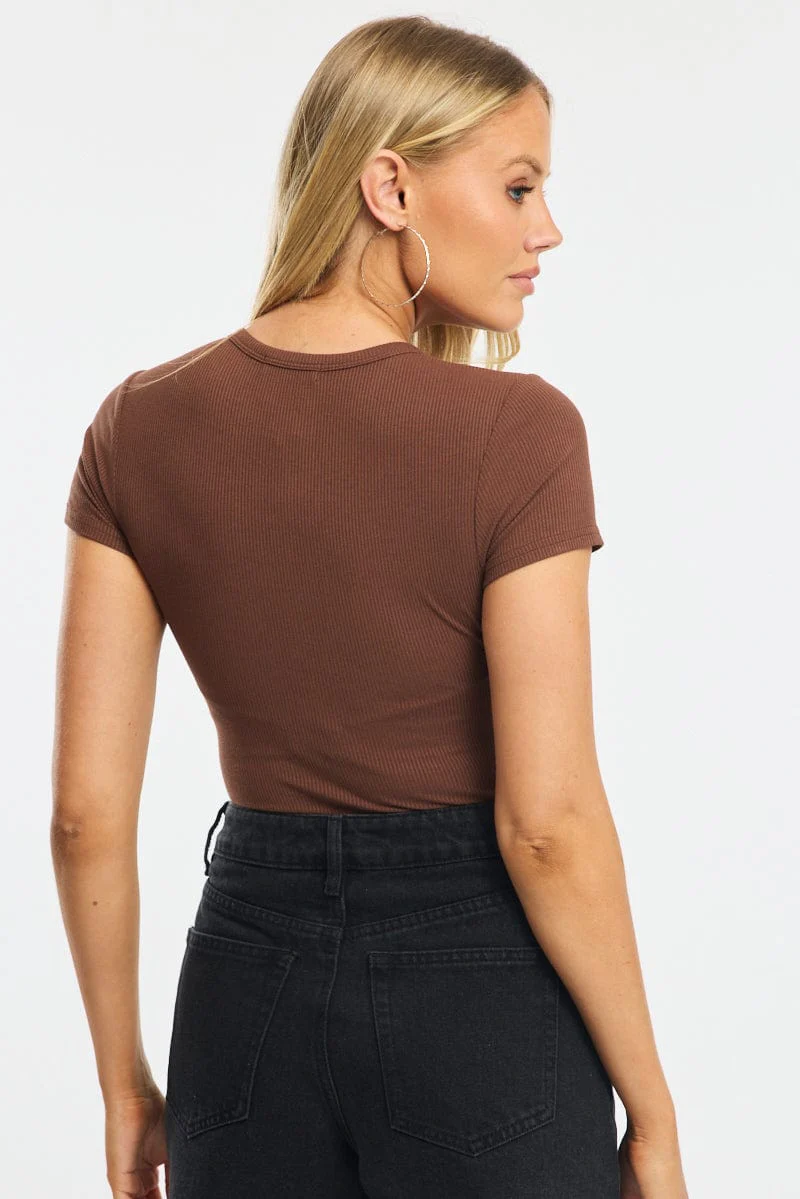 Brown Bodysuit Short Sleeve Button Front Rib - Image 5