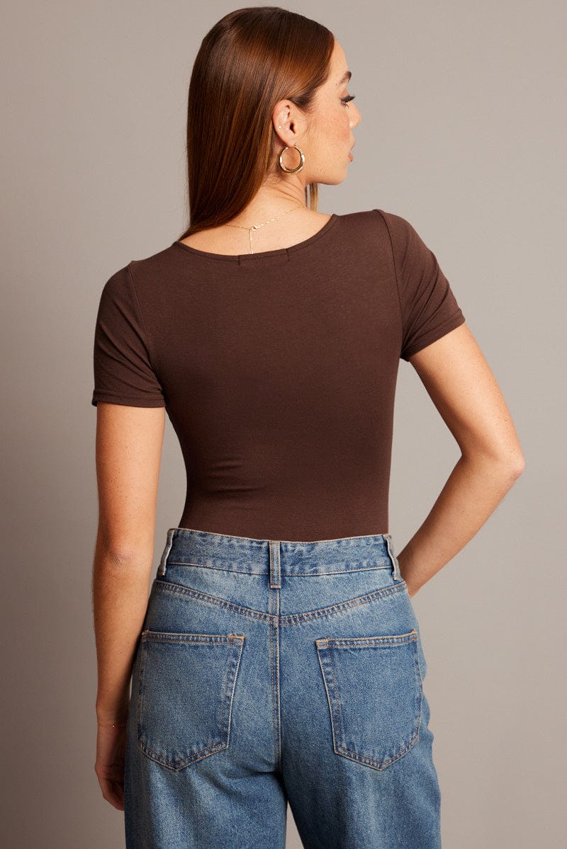 Brown Bodysuit Short Sleeve Square Neck Modal - Image 4