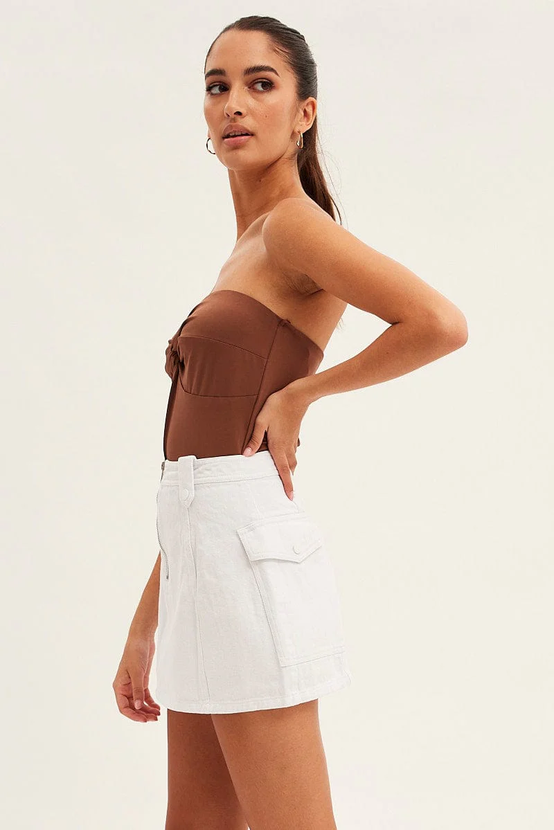 Brown Bodysuit Strapless Sweetheart Neckline Front Knot - Image 4