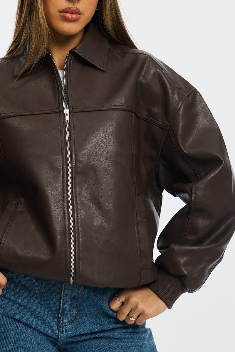 Brown Bomber Jacket Faux Leather - Image 5