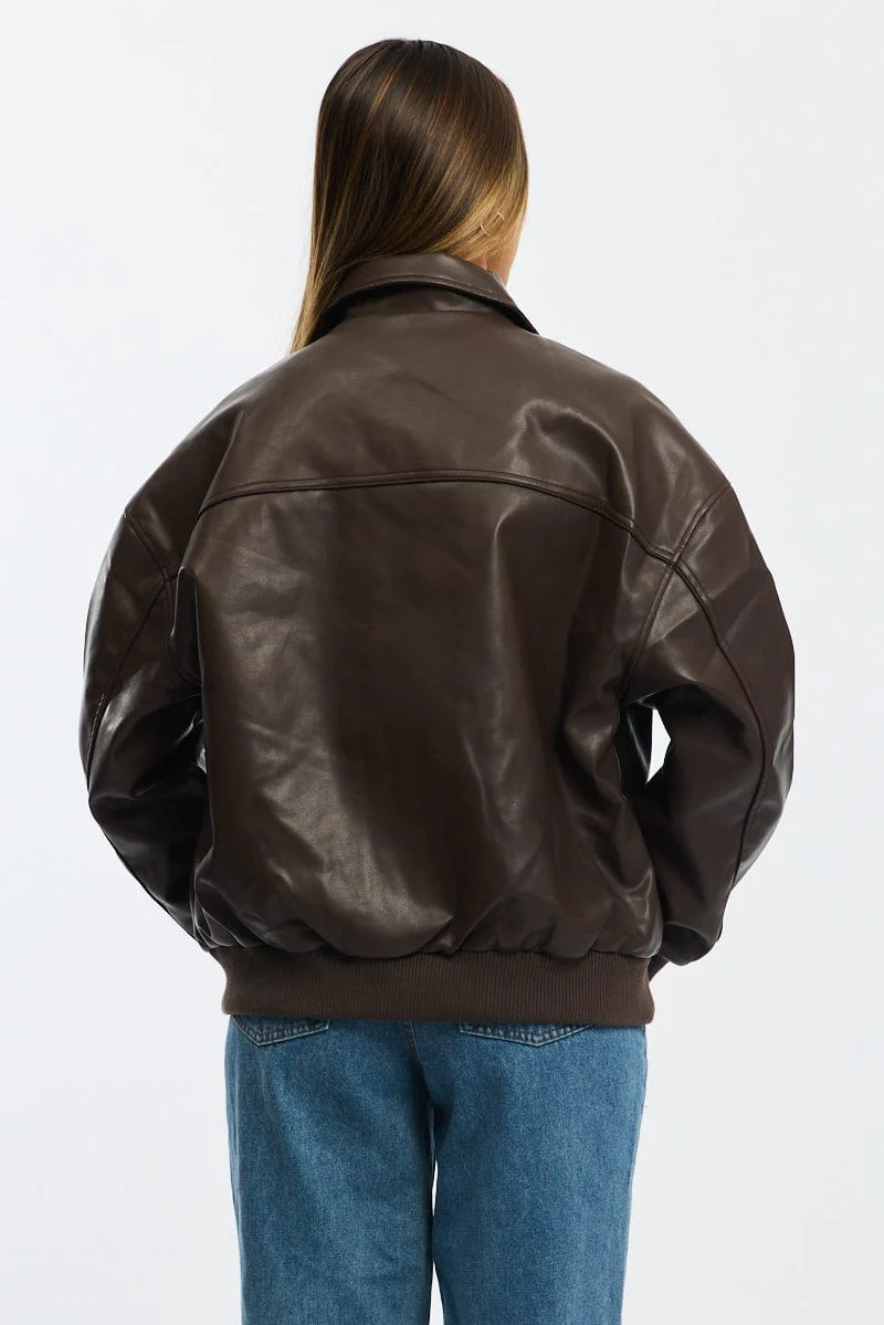 Brown Bomber Jacket Faux Leather - Image 4