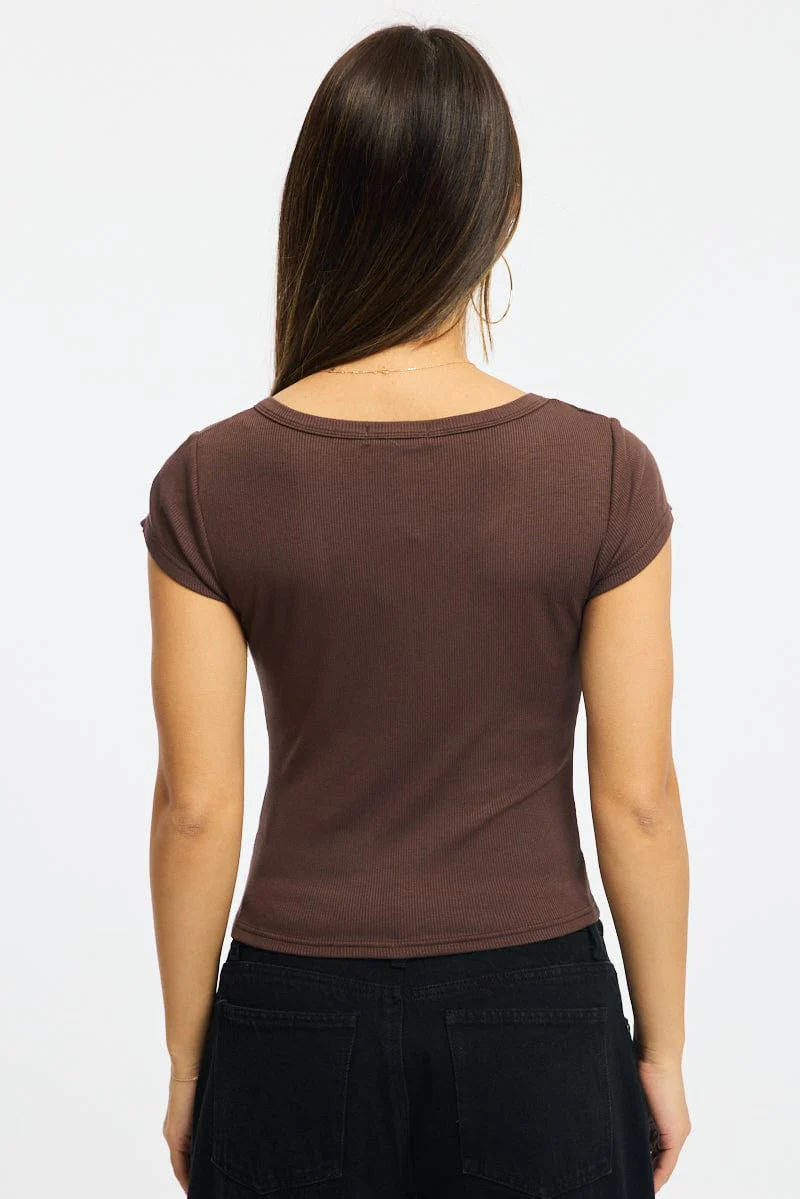 Brown Button Down Tee Short Sleeve Rib - Image 4