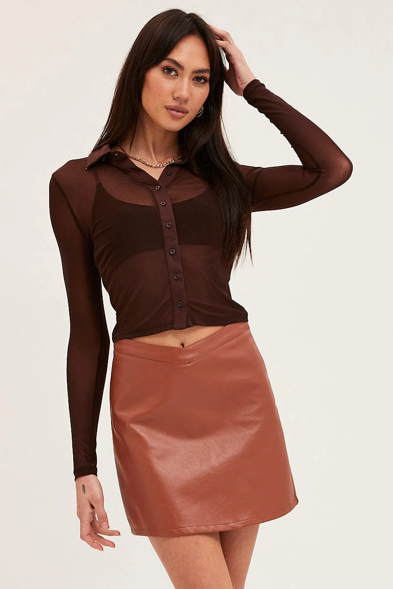 Brown Button Front Top Long Sleeve Mesh - Image 3