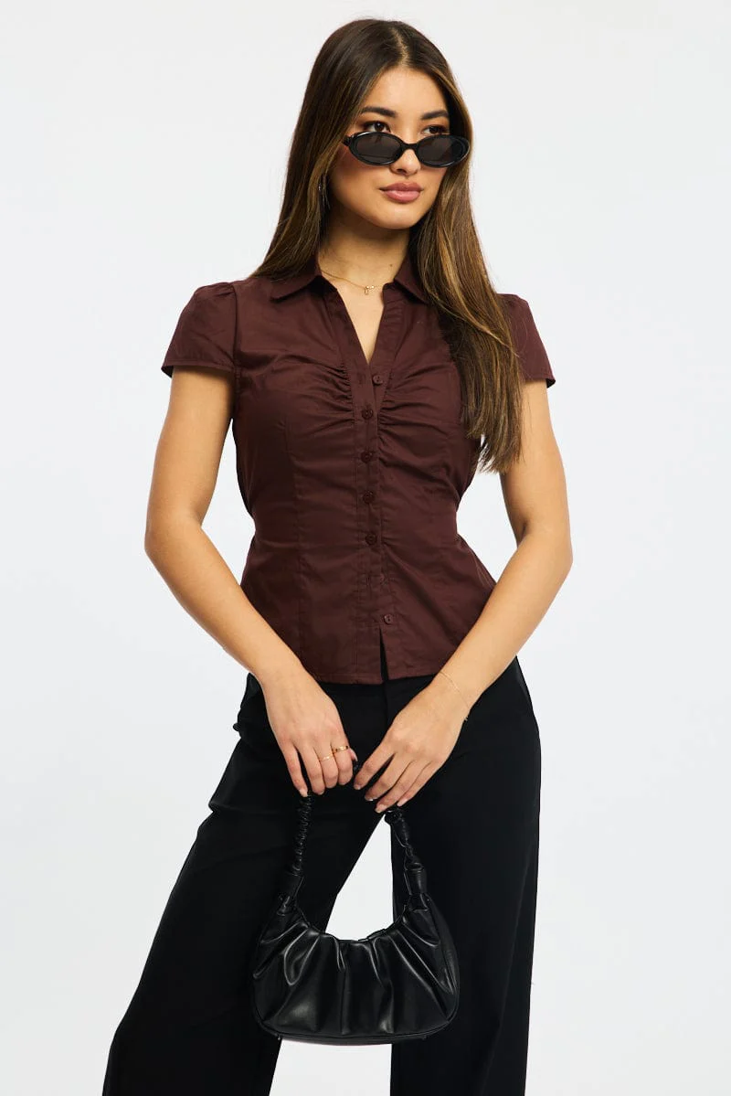 Brown Button Up Shirt Short Sleeve Collared Tie Back - Image 2