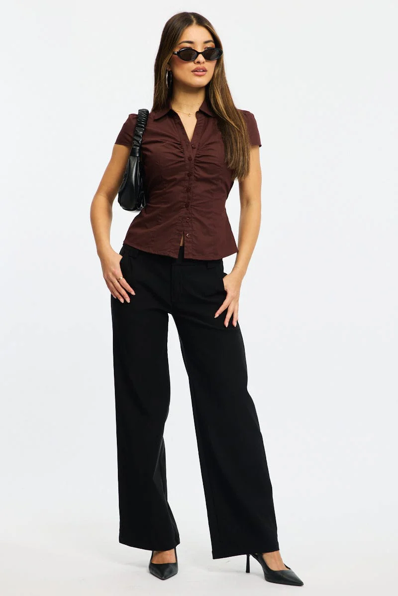 Brown Button Up Shirt Short Sleeve Collared Tie Back - Image 3