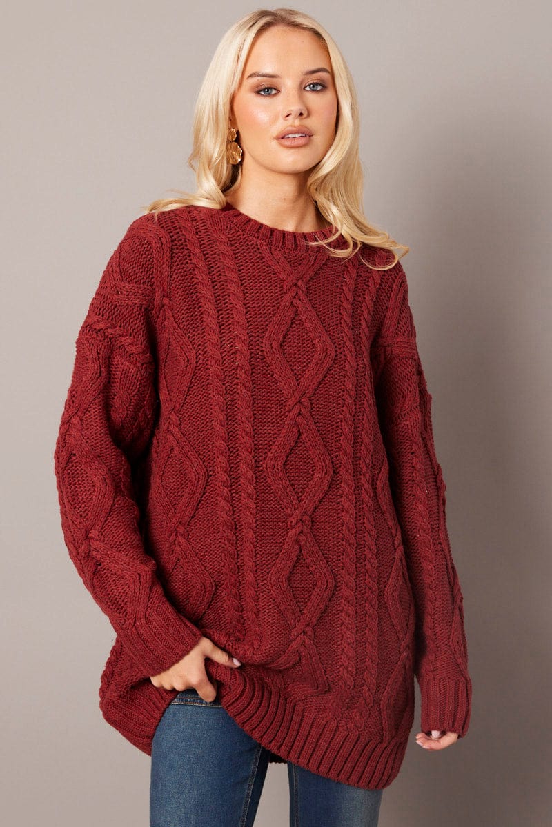Brown Cable Knit Top Long Sleeve Longline - Image 3