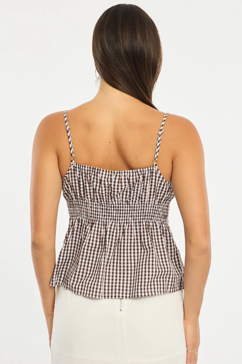 Brown Check Babydoll Cami Sleeveless Scoop Neck Button Front - Image 4