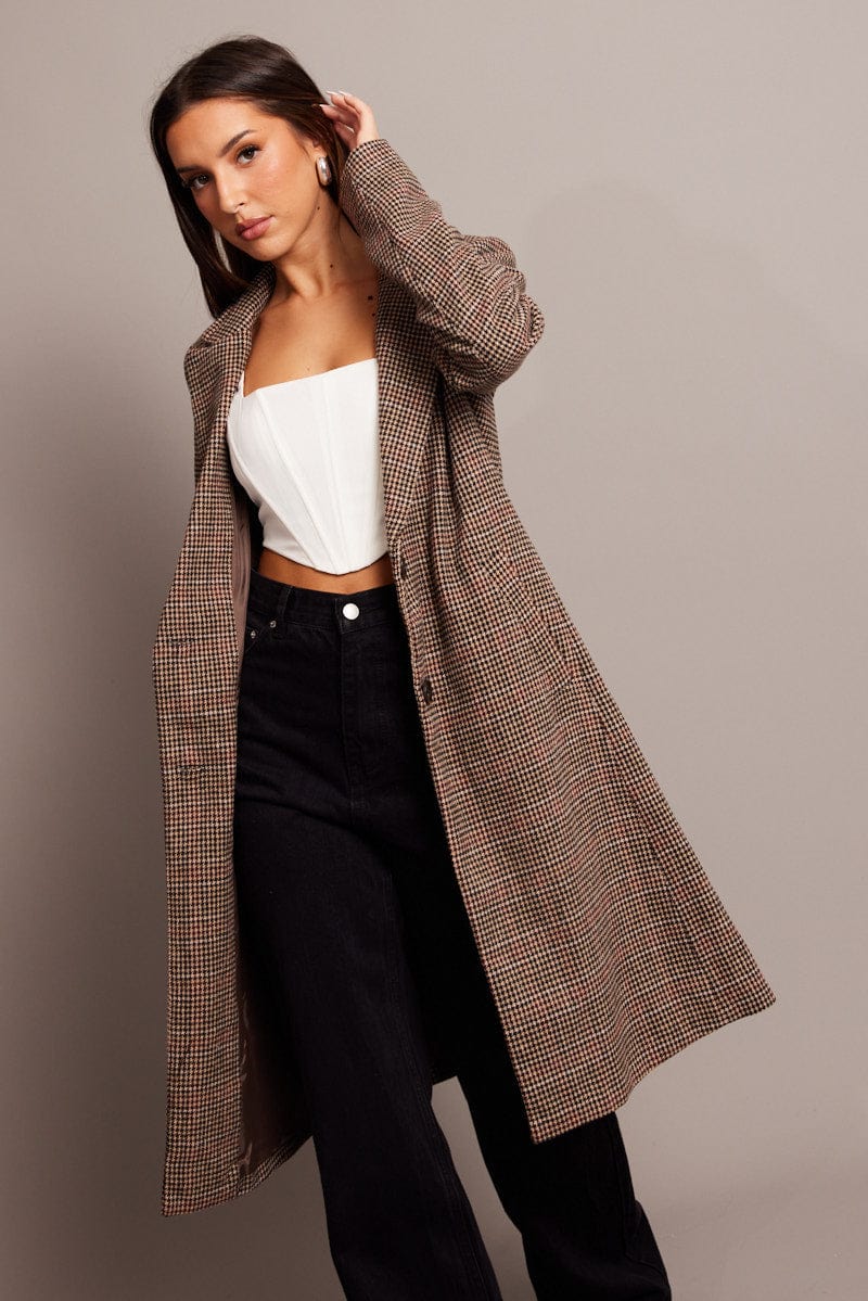 Brown Check One Button Coat Long Sleeve - Image 3