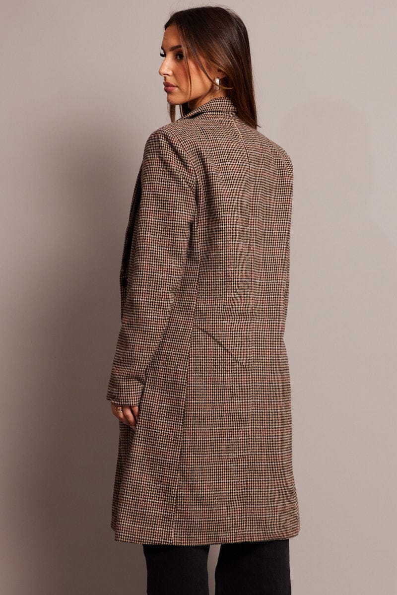 Brown Check One Button Coat Long Sleeve - Image 5