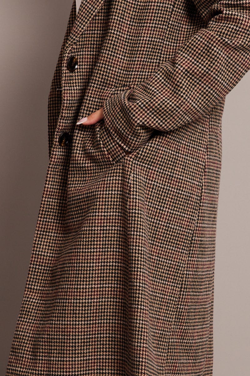 Brown Check One Button Coat Long Sleeve - Image 6