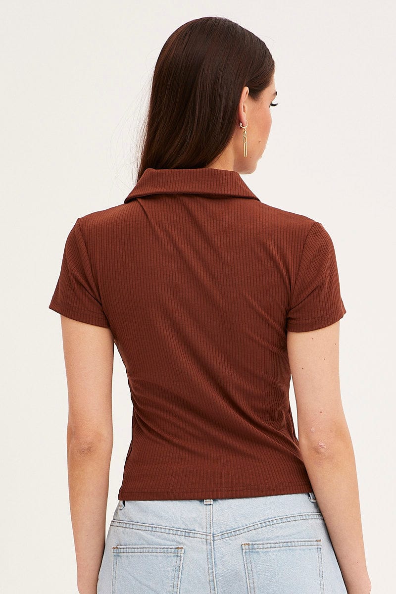Brown Collared Top Short Sleeve Button Up Rib Jersey - Image 5