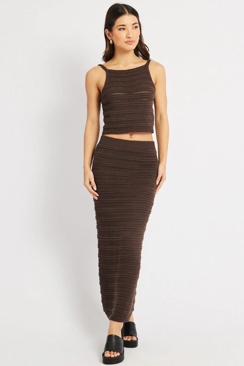 Brown Crochet Skirt High Rise Elastic Waistband Midi - Image 2