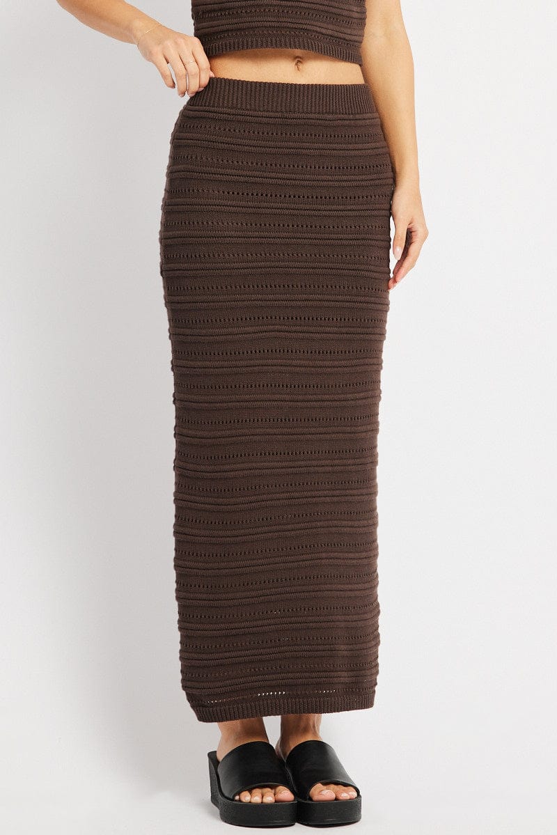Brown Crochet Skirt High Rise Elastic Waistband Midi - Image 3