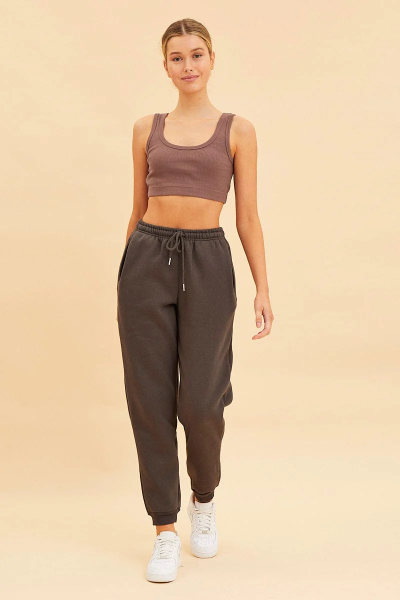 Brown Crop Top Cotton Blend Rib Tank Elasticated Hem - Image 2