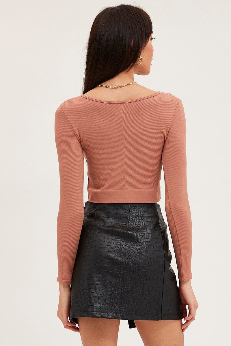 Brown Crop Top Long Sleeve Crew Neck - Image 4