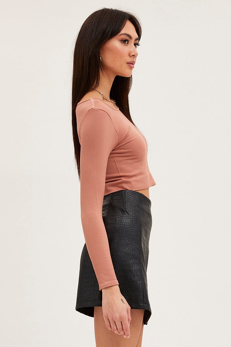 Brown Crop Top Long Sleeve Crew Neck - Image 5