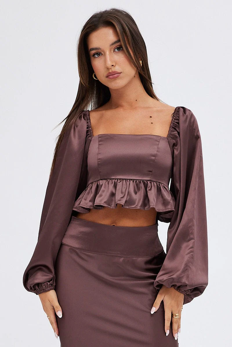 Brown Crop Top Long Sleeve Square Neck Frill Hem Satin - Image 3