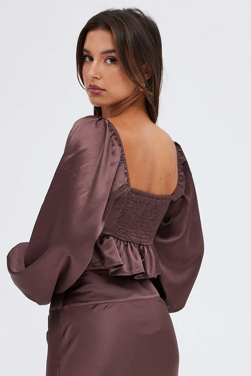 Brown Crop Top Long Sleeve Square Neck Frill Hem Satin - Image 5
