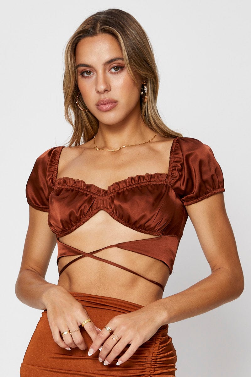 Brown Crop Top Short Sleeve Tie Up - Image 3