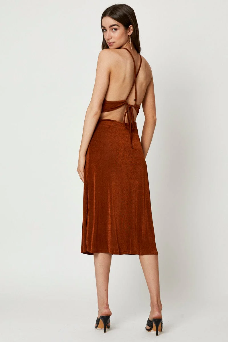 Brown Cut Out Slip Dress - Image 3