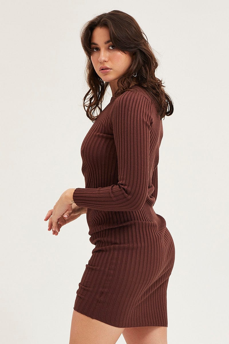 Brown Drawstring Dress Long Sleeve Mini - Image 4