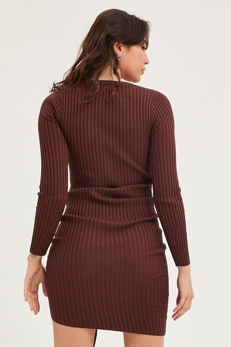 Brown Drawstring Dress Long Sleeve Mini - Image 5