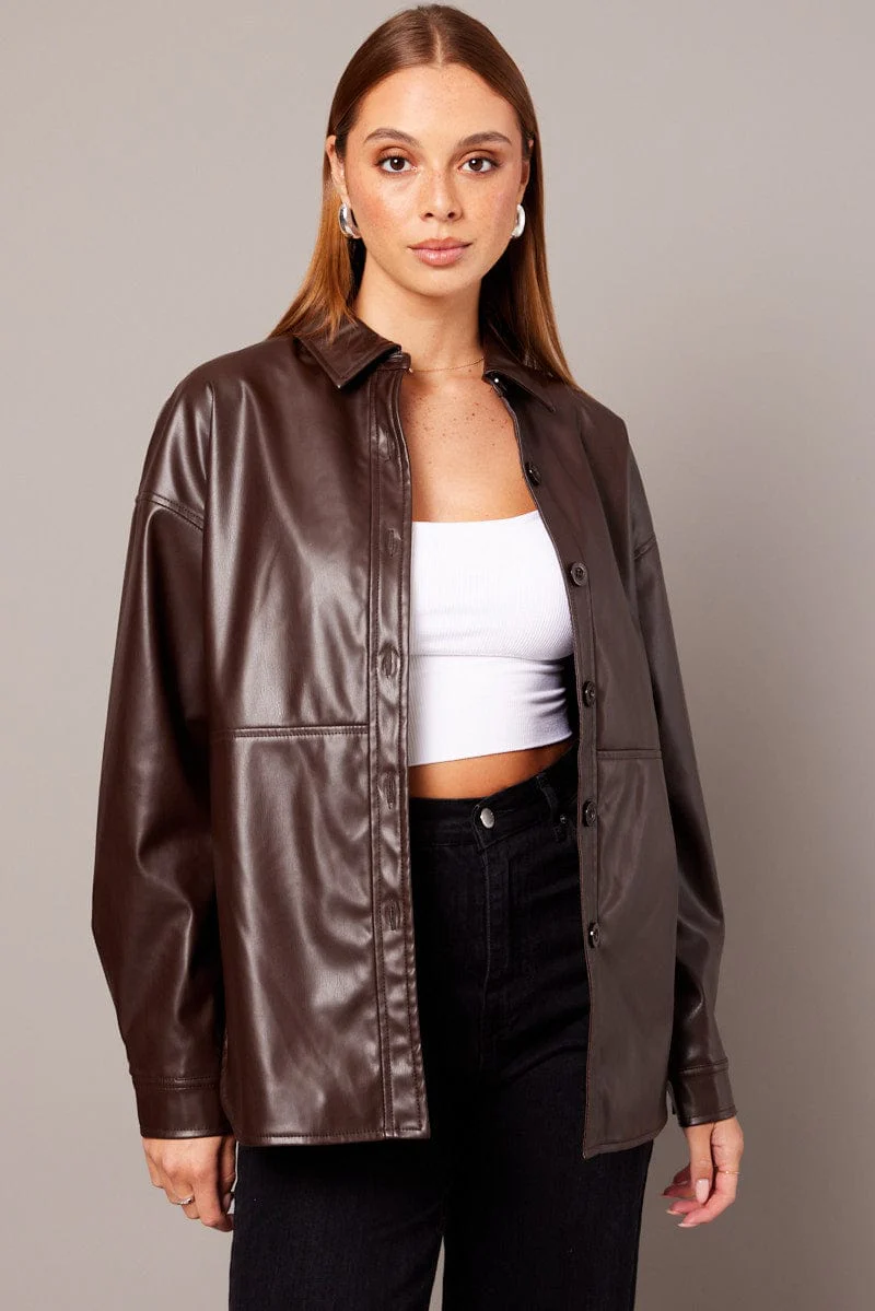 Brown Faux Leather Shacket Long Sleeves - Image 3
