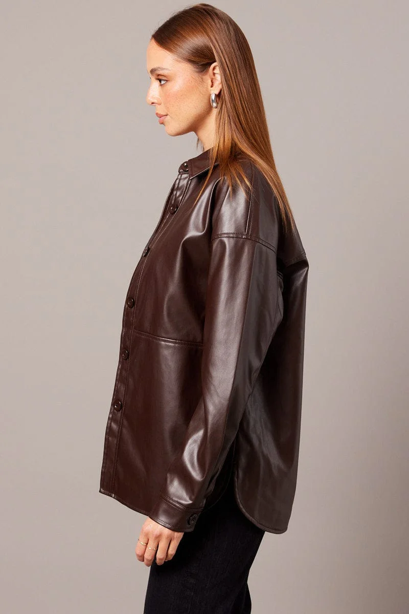 Brown Faux Leather Shacket Long Sleeves - Image 4