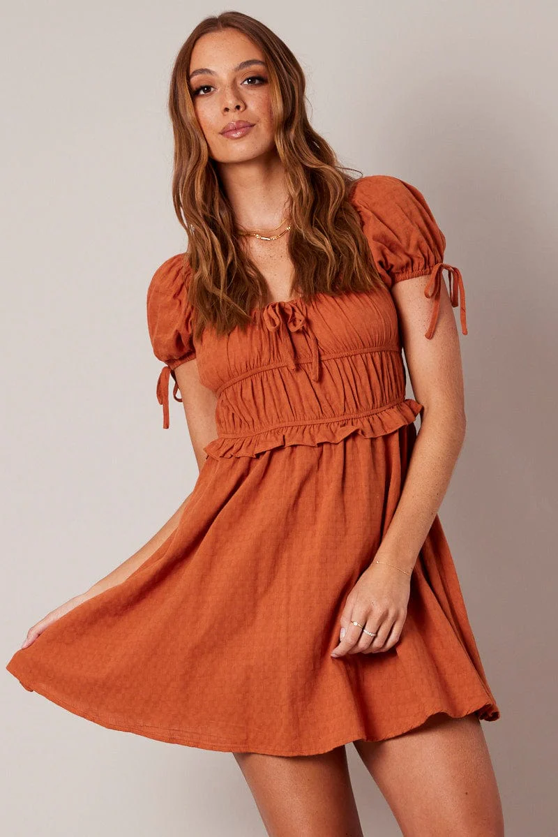 Brown Fit and Flare Dress Short Sleeve Textured - Image 2