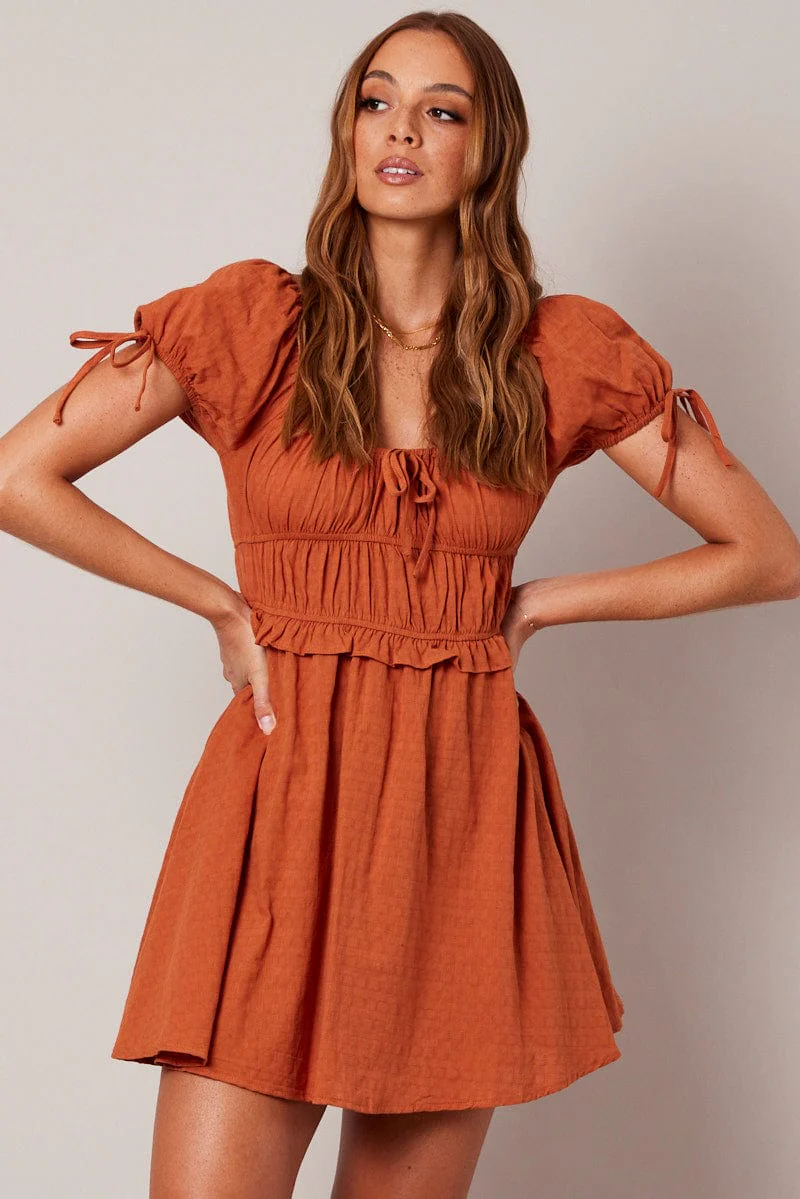 Brown Fit and Flare Dress Short Sleeve Textured - Image 3