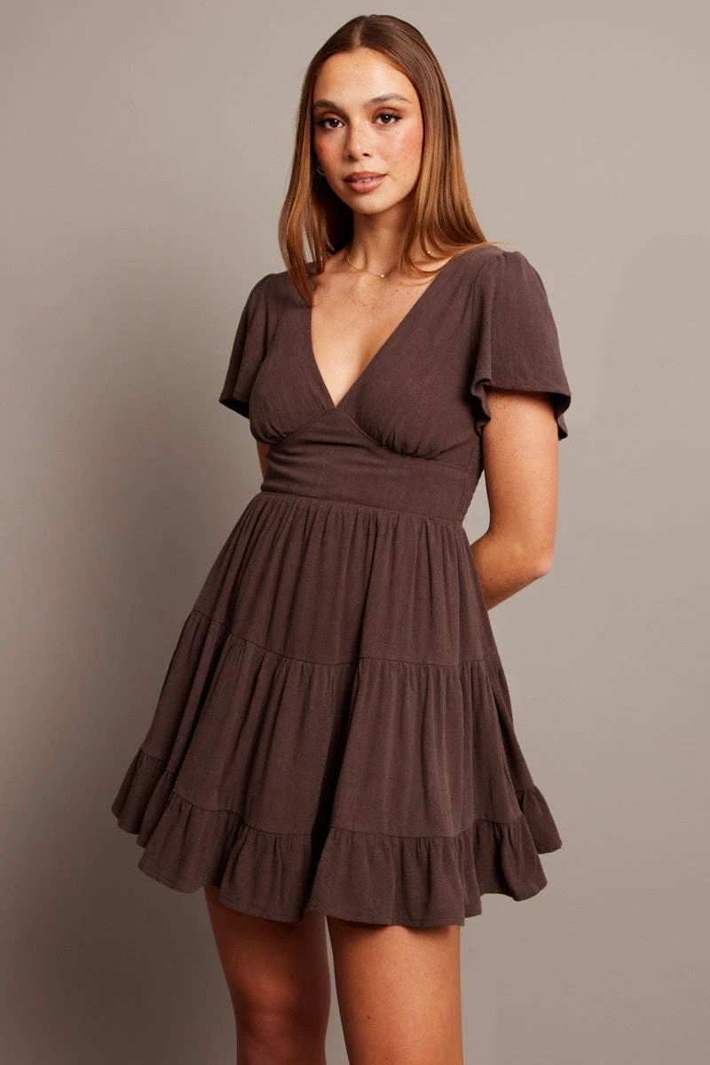 Brown Fit And Flare Dress V-neck Mini - Image 3