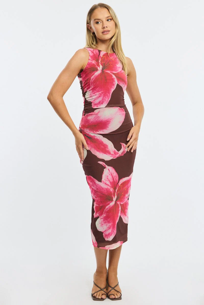 Brown Floral Bodycon Dress Sleeveless Mesh