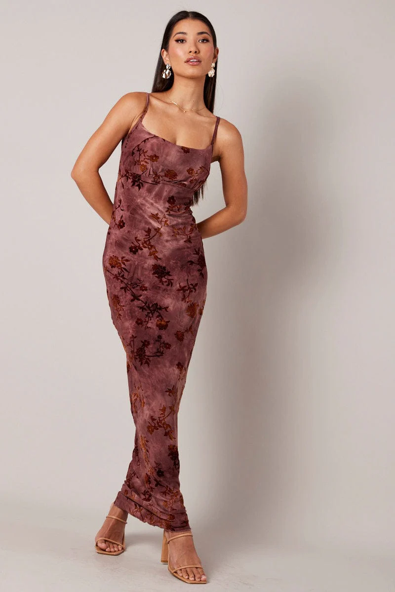 Brown Floral Slip Dress Cowl Neck Maxi Velvet Devore Dress - Image 2