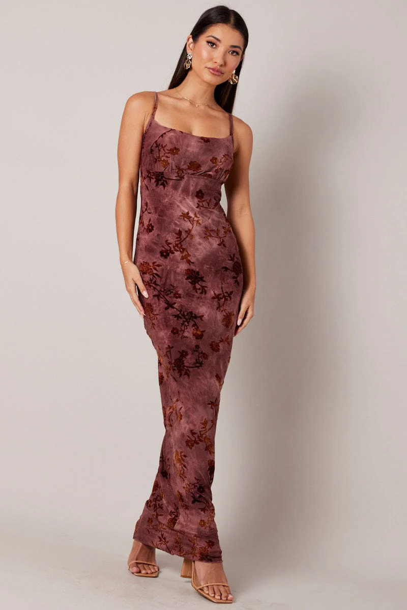 Brown Floral Slip Dress Cowl Neck Maxi Velvet Devore Dress - Image 3