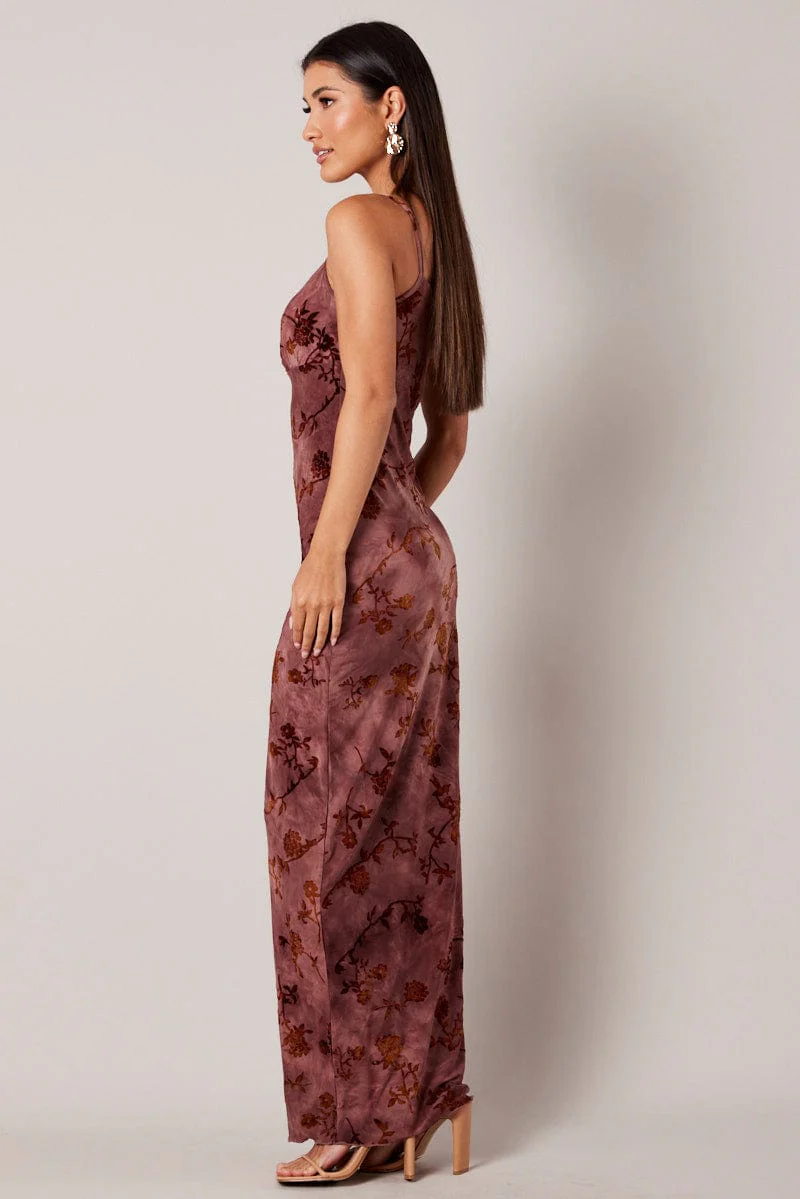 Brown Floral Slip Dress Cowl Neck Maxi Velvet Devore Dress - Image 4