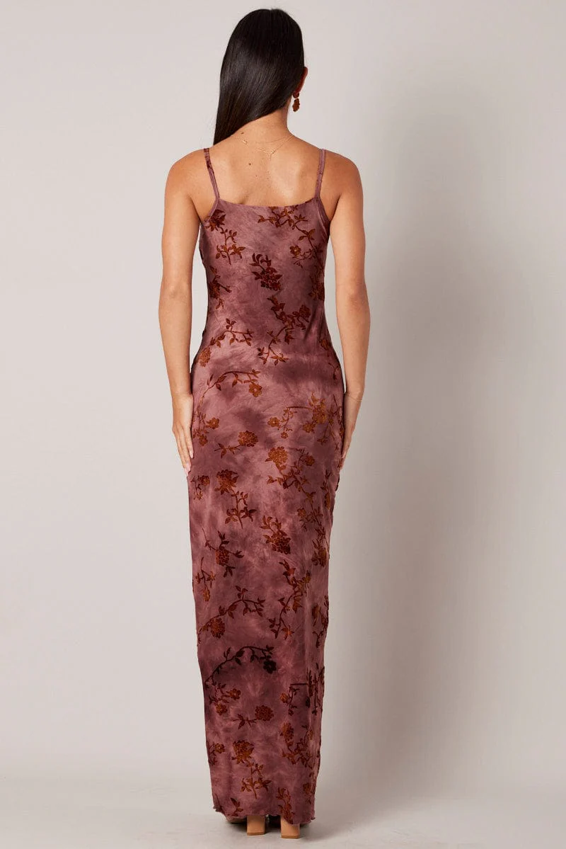 Brown Floral Slip Dress Cowl Neck Maxi Velvet Devore Dress - Image 5