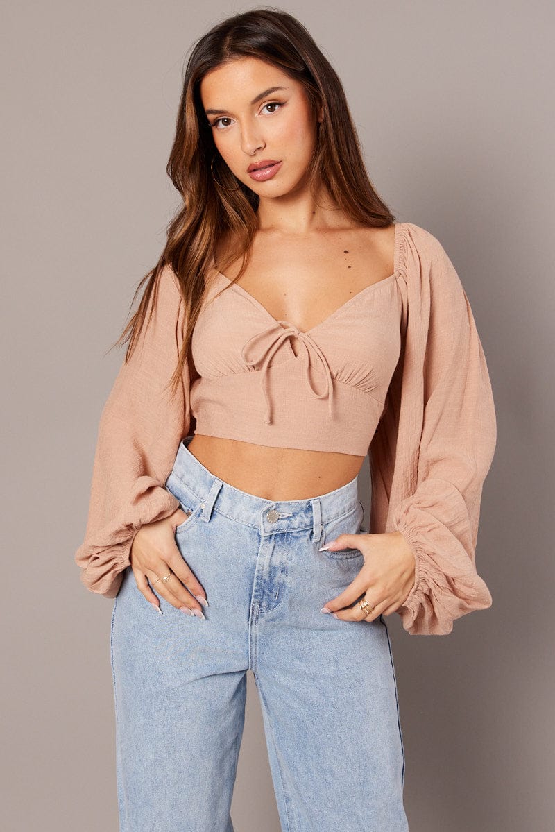 Brown Gathered Bust Top Balloon Sleeve Backless Blouse - Image 3