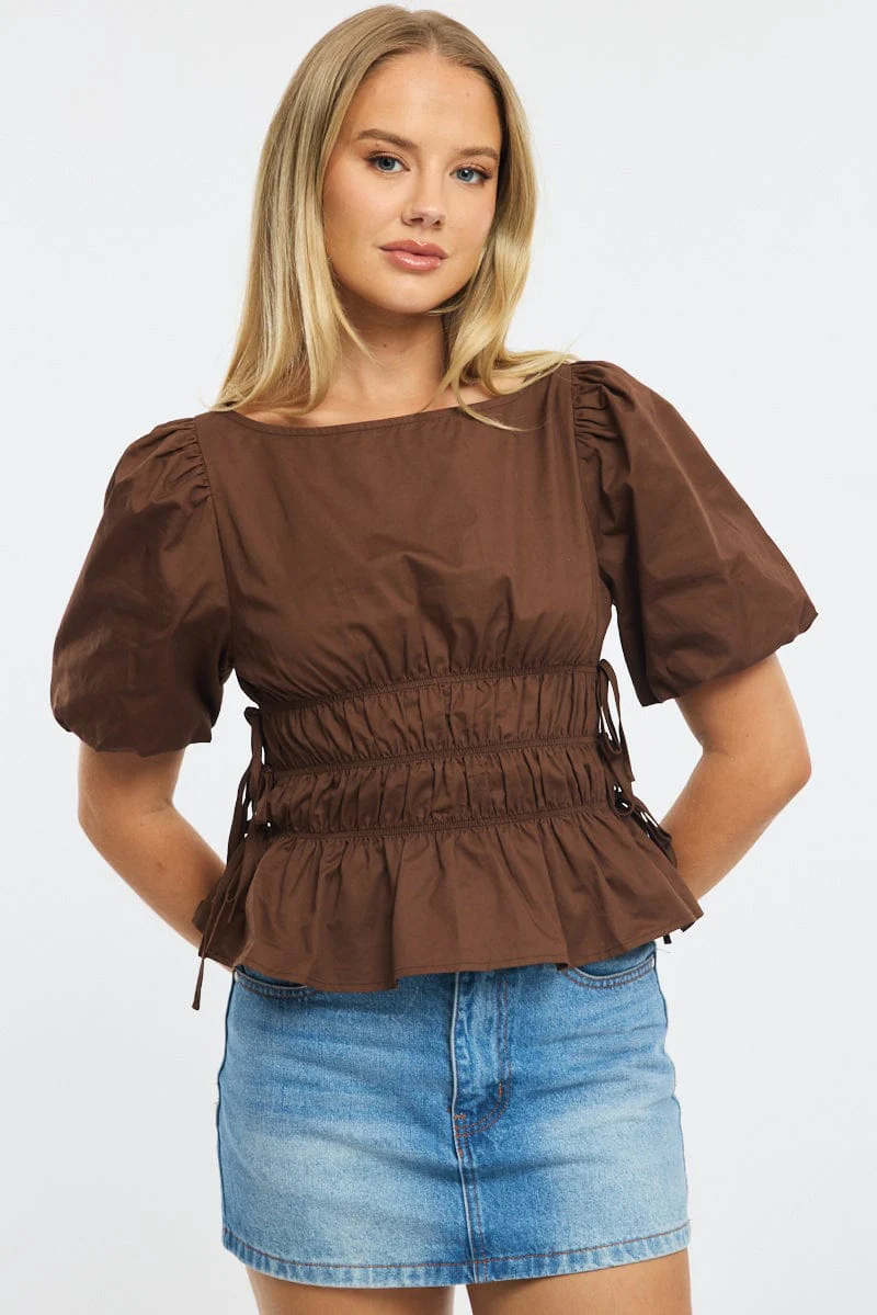 Brown Gathered Top Boat Neck Short Puff Sleeve