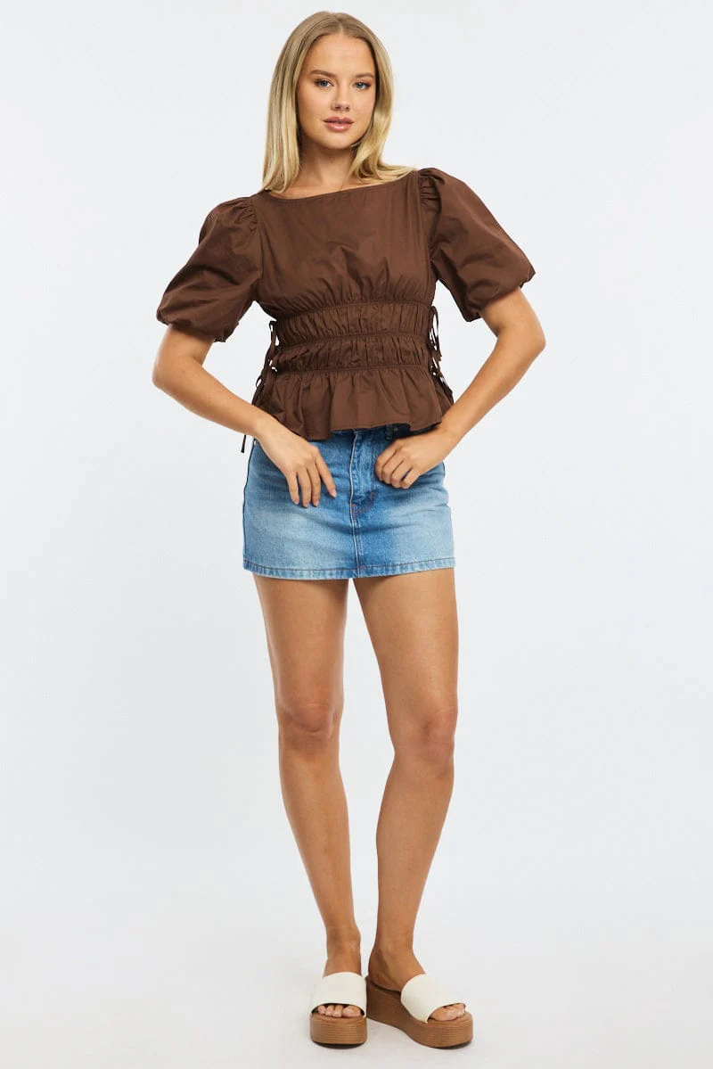 Brown Gathered Top Boat Neck Short Puff Sleeve - Image 2