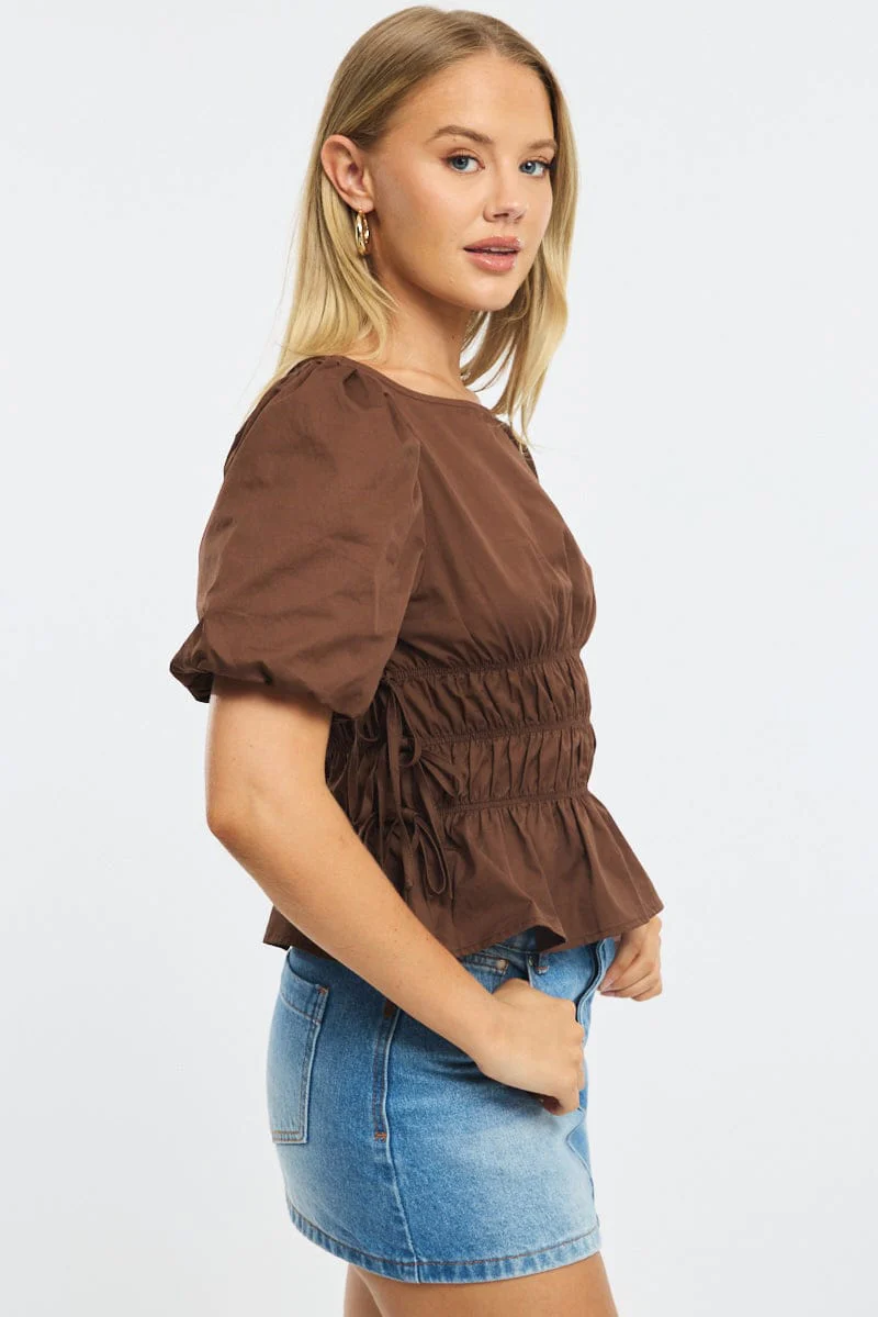 Brown Gathered Top Boat Neck Short Puff Sleeve - Image 3