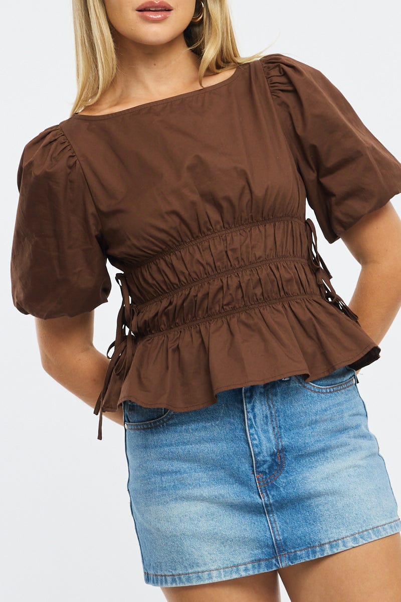Brown Gathered Top Boat Neck Short Puff Sleeve - Image 5